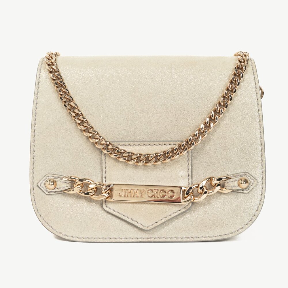 Jimmy Choo Shadow Silver Shimmer Leather Flap Crossbody